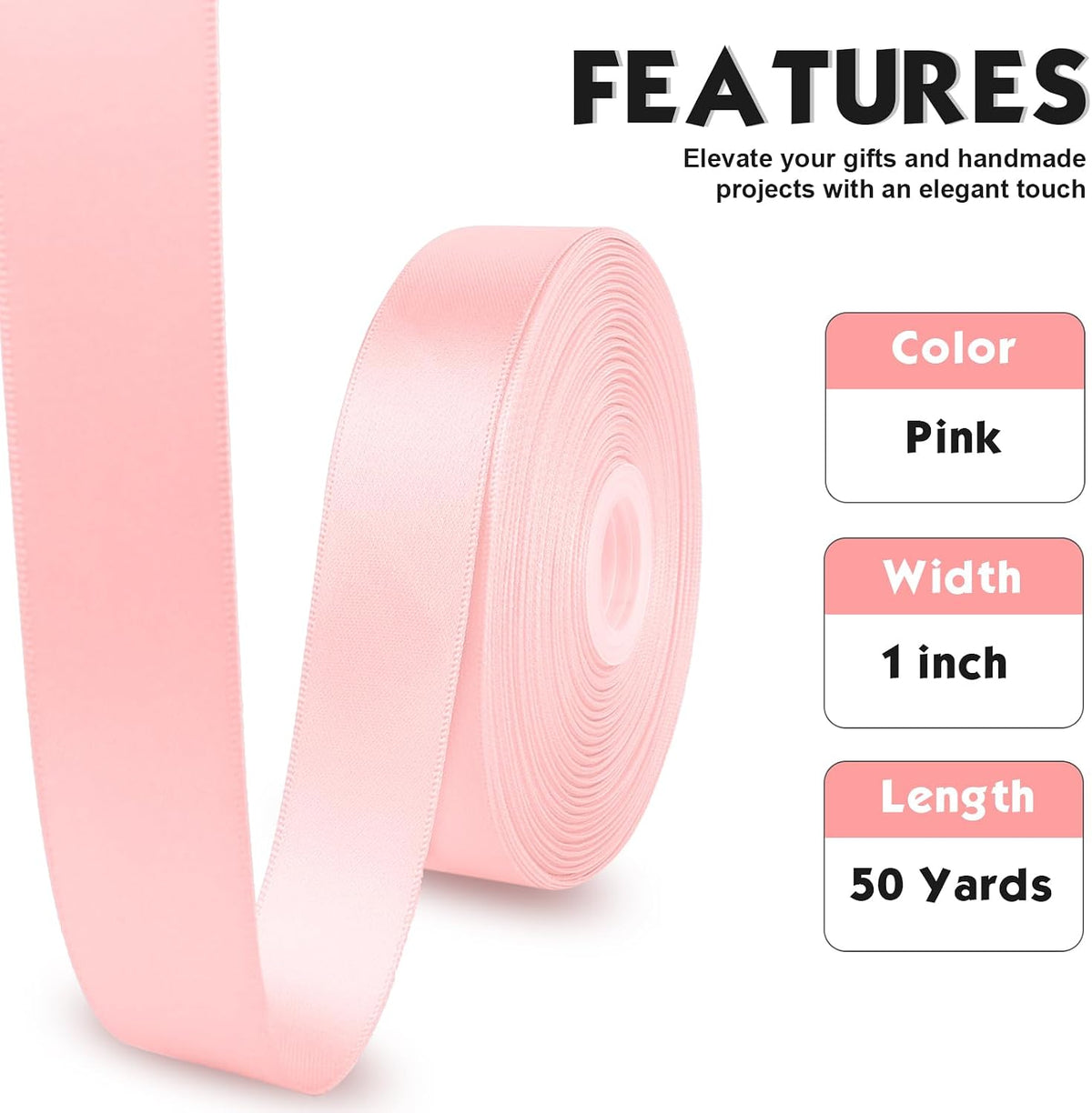 1 Inch Double Faced 50 Yards Pink Satin Ribbon for Crafts Gift Wrapping