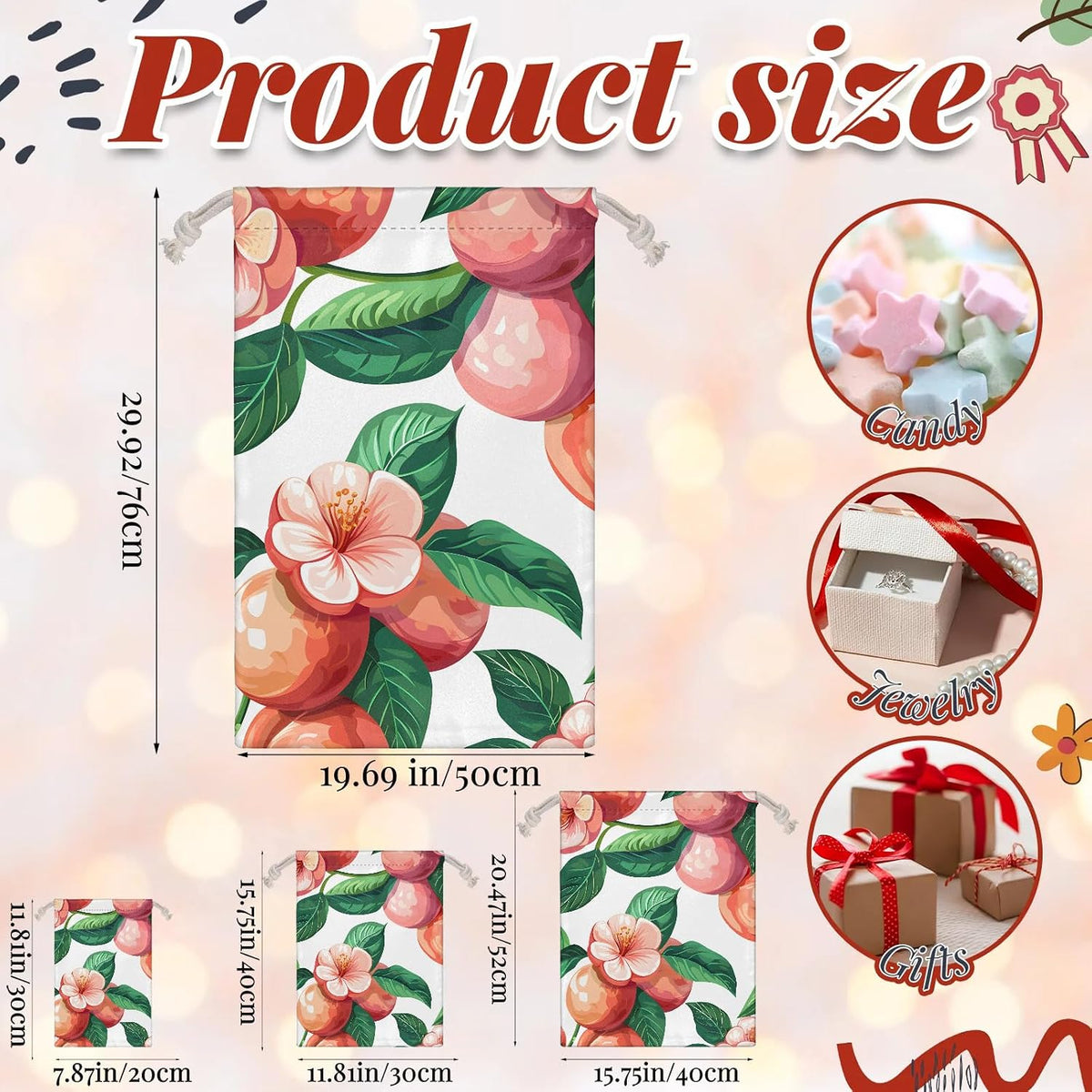 JMAVZWS Peach Flower Floral Christmas Drawstring Gifts Bags Xmas Treat Pouch for Christmas Party Supplies Assorted Sizes for Holiday Present 20.4 x 15.75 inches