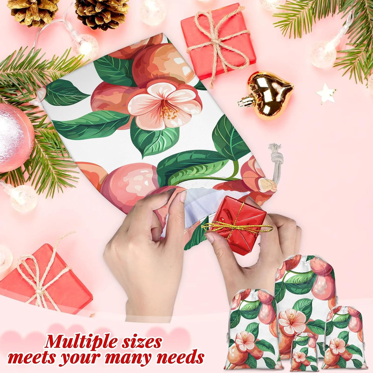 JMAVZWS Peach Flower Floral Christmas Drawstring Gifts Bags Xmas Treat Pouch for Christmas Party Supplies Assorted Sizes for Holiday Present 20.4 x 15.75 inches