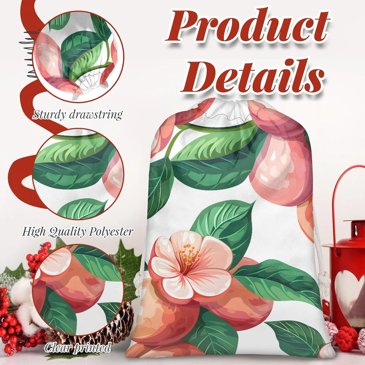 JMAVZWS Peach Flower Floral Christmas Drawstring Gifts Bags Xmas Treat Pouch for Christmas Party Supplies Assorted Sizes for Holiday Present 20.4 x 15.75 inches