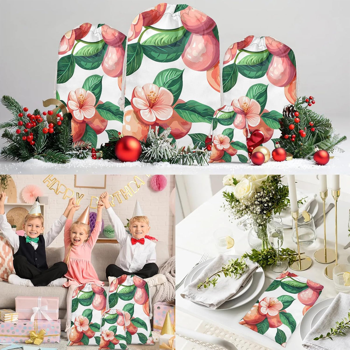 JMAVZWS Peach Flower Floral Christmas Drawstring Gifts Bags Xmas Treat Pouch for Christmas Party Supplies Assorted Sizes for Holiday Present 20.4 x 15.75 inches