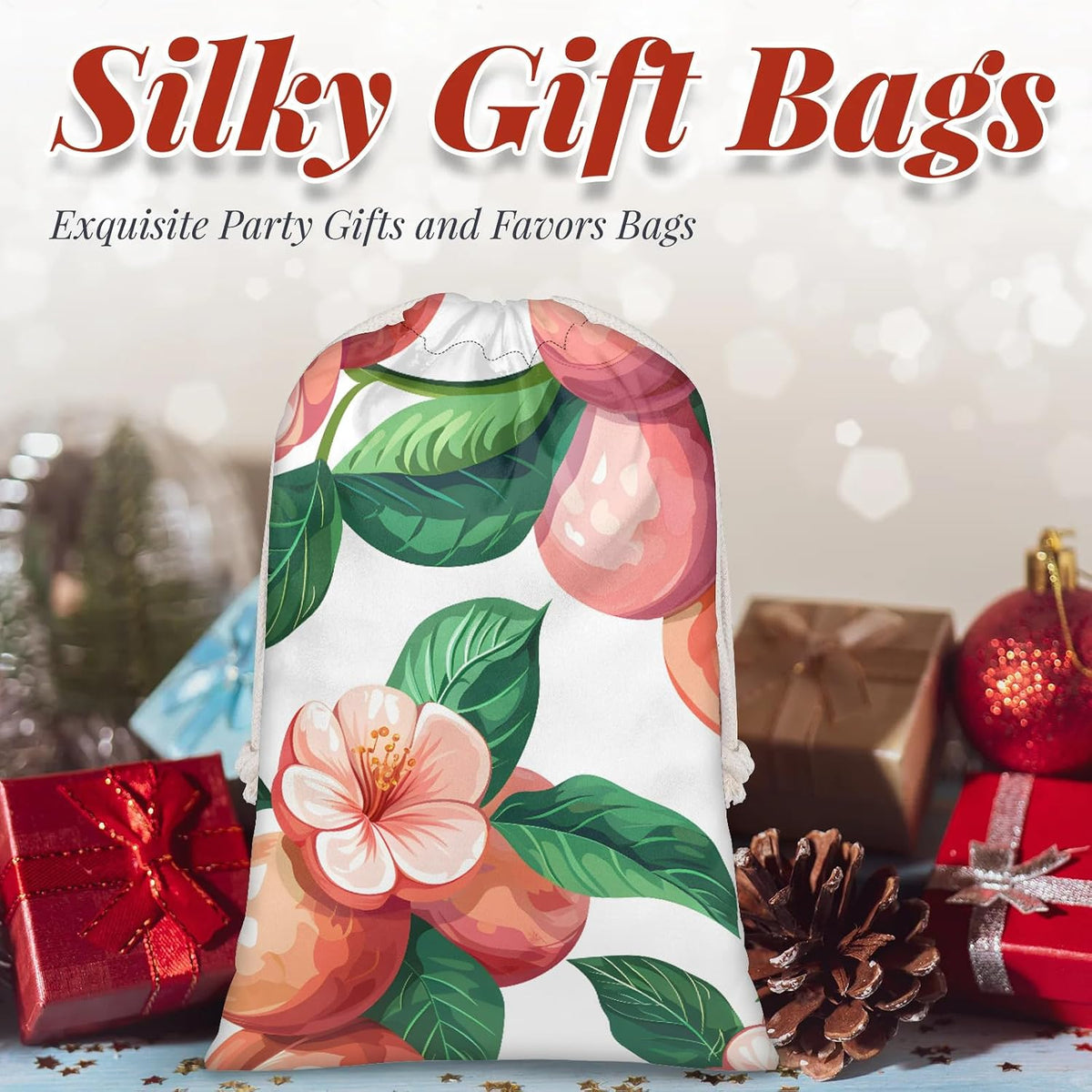 JMAVZWS Peach Flower Floral Christmas Drawstring Gifts Bags Xmas Treat Pouch for Christmas Party Supplies Assorted Sizes for Holiday Present 20.4 x 15.75 inches