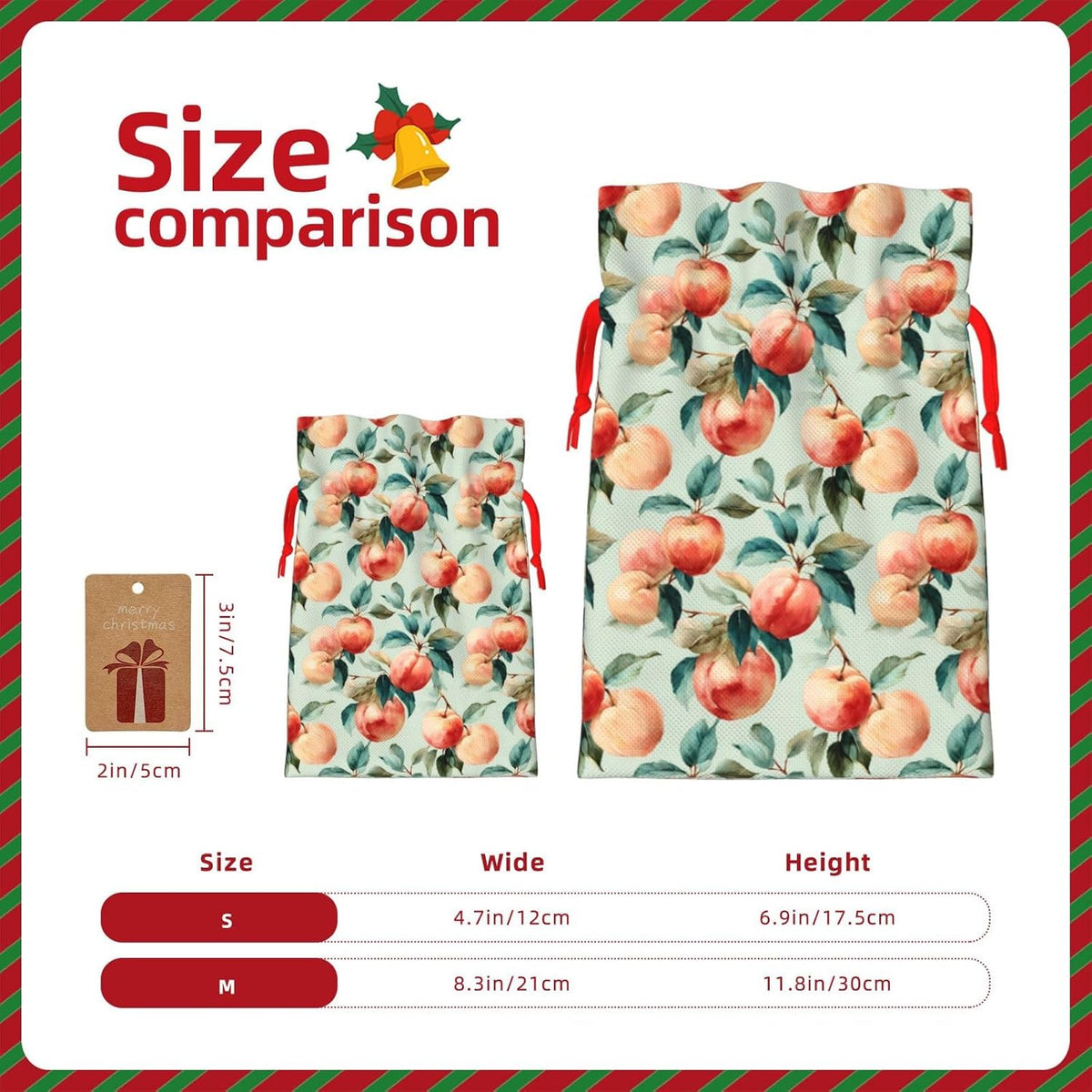 Moxquju Fruits Peach (1) Print Christmas Drawstring Gift Bags, Reusable Candy Treat Bags For Holiday Birthday Party