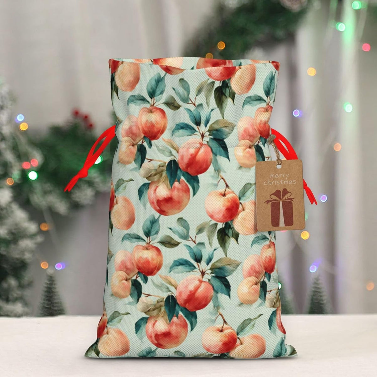 Moxquju Fruits Peach (1) Print Christmas Drawstring Gift Bags, Reusable Candy Treat Bags For Holiday Birthday Party