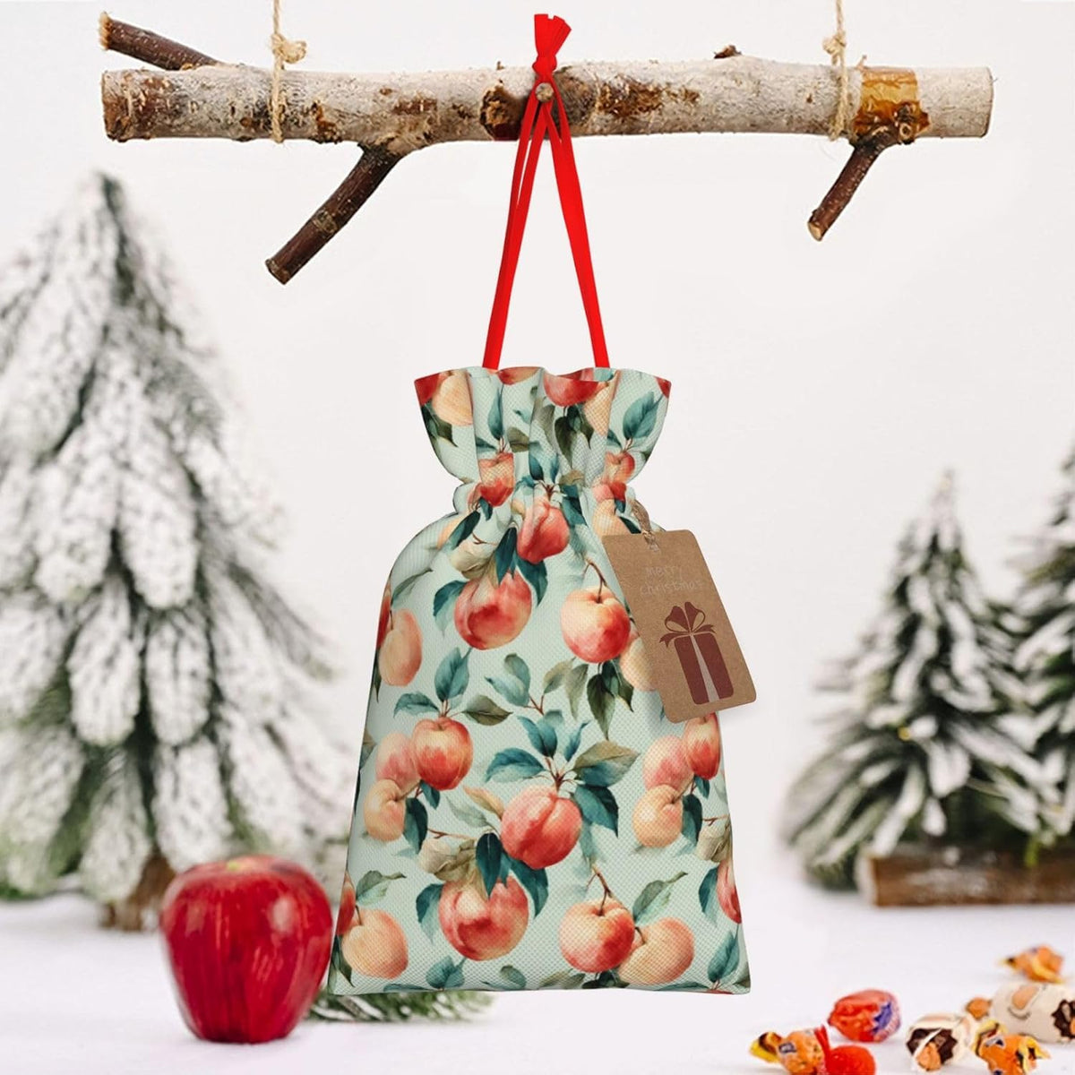 Moxquju Fruits Peach (1) Print Christmas Drawstring Gift Bags, Reusable Candy Treat Bags For Holiday Birthday Party