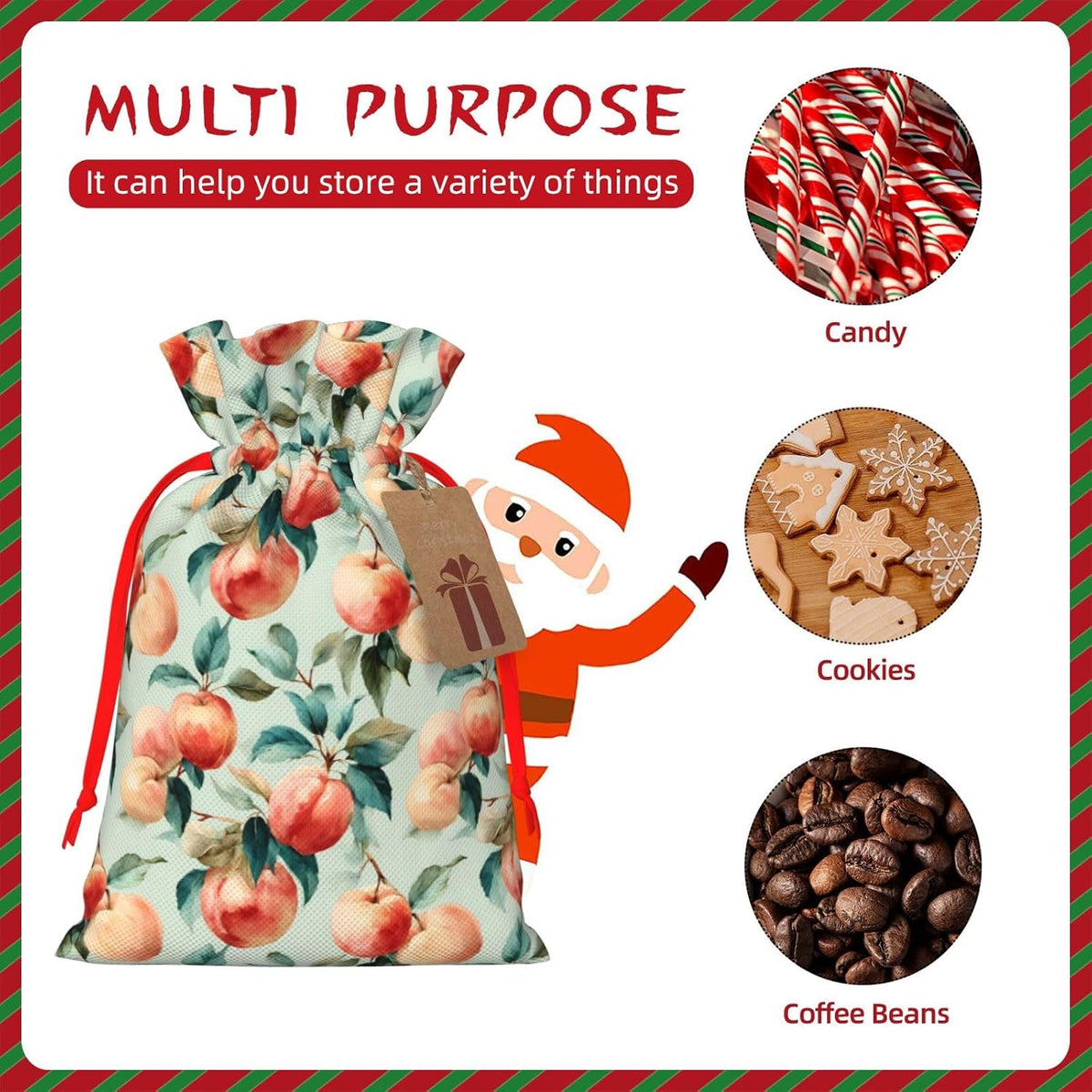Moxquju Fruits Peach (1) Print Christmas Drawstring Gift Bags, Reusable Candy Treat Bags For Holiday Birthday Party