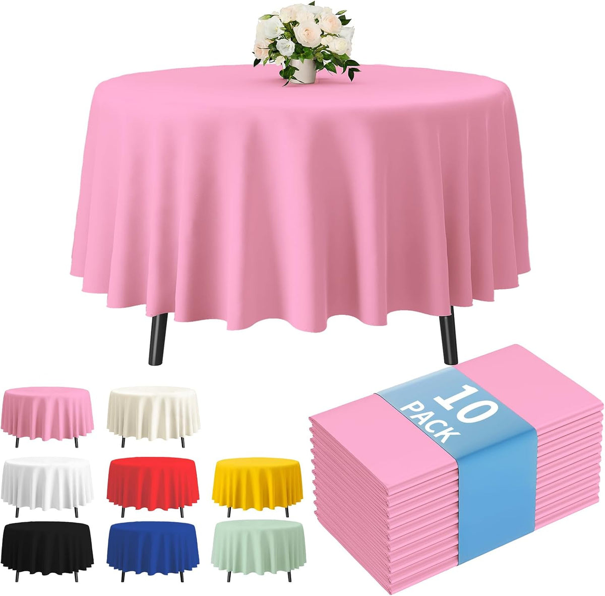 10 Pcs Pink Round Plastic Table Cloth Disposable, 84 Inch