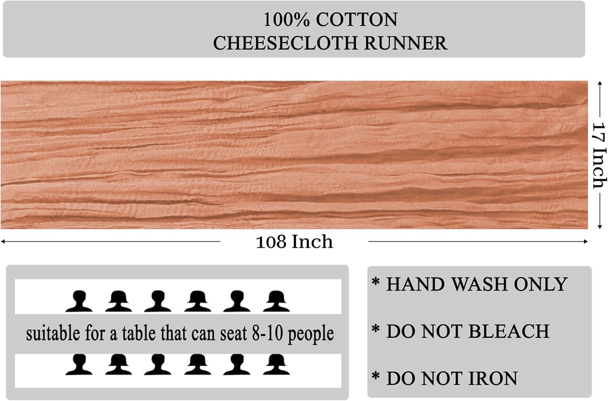 Pack of 12 Cheesecloth Table Runner 17x108 Inch Long, Gauze Cheese Cloth Table Runner for Wedding Party Birthday Bridal Shower Farmhouse Garden Boho Rustic Table Decoration - Coral Peach