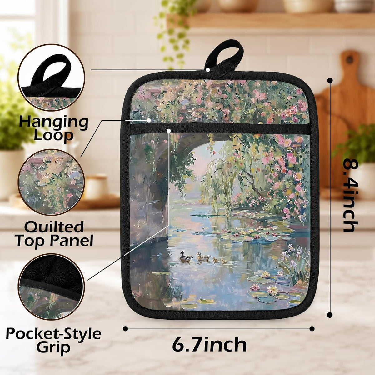 Pink Floral Duck Duckling Pot Holders for Kitchen, Abstract Impressionist Water Lily Pond Duck Country Landscape Oven Potholders with Pockets Heat Resistant Hot Pads