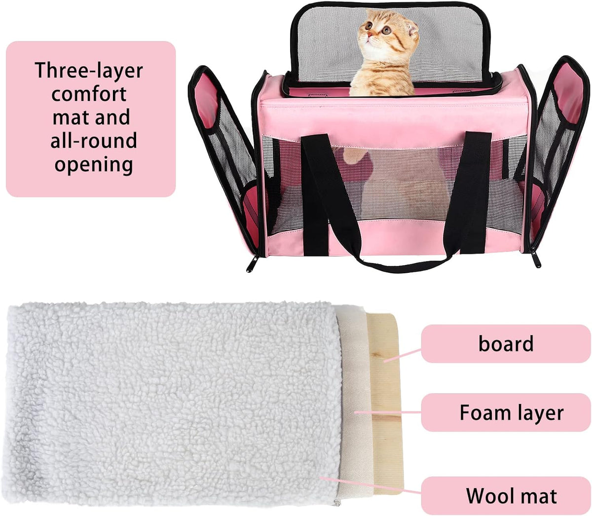 Cat Carrying Case - Pet Carrier Airline Approved, Protable and Breathable Pet Travel Carrier Removable Fleece Pad, Collapsible Cat Carrier Dog Carrier for Medium Cats Small Cats Dogs (Small, Pink)