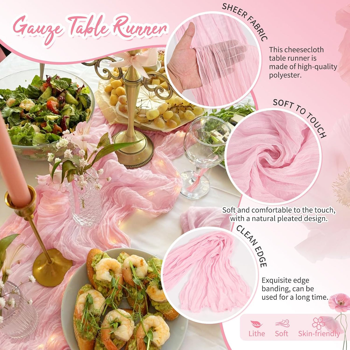 20 Pack Light Pink Cheesecloth Table Runner, 17 x 108 Inches