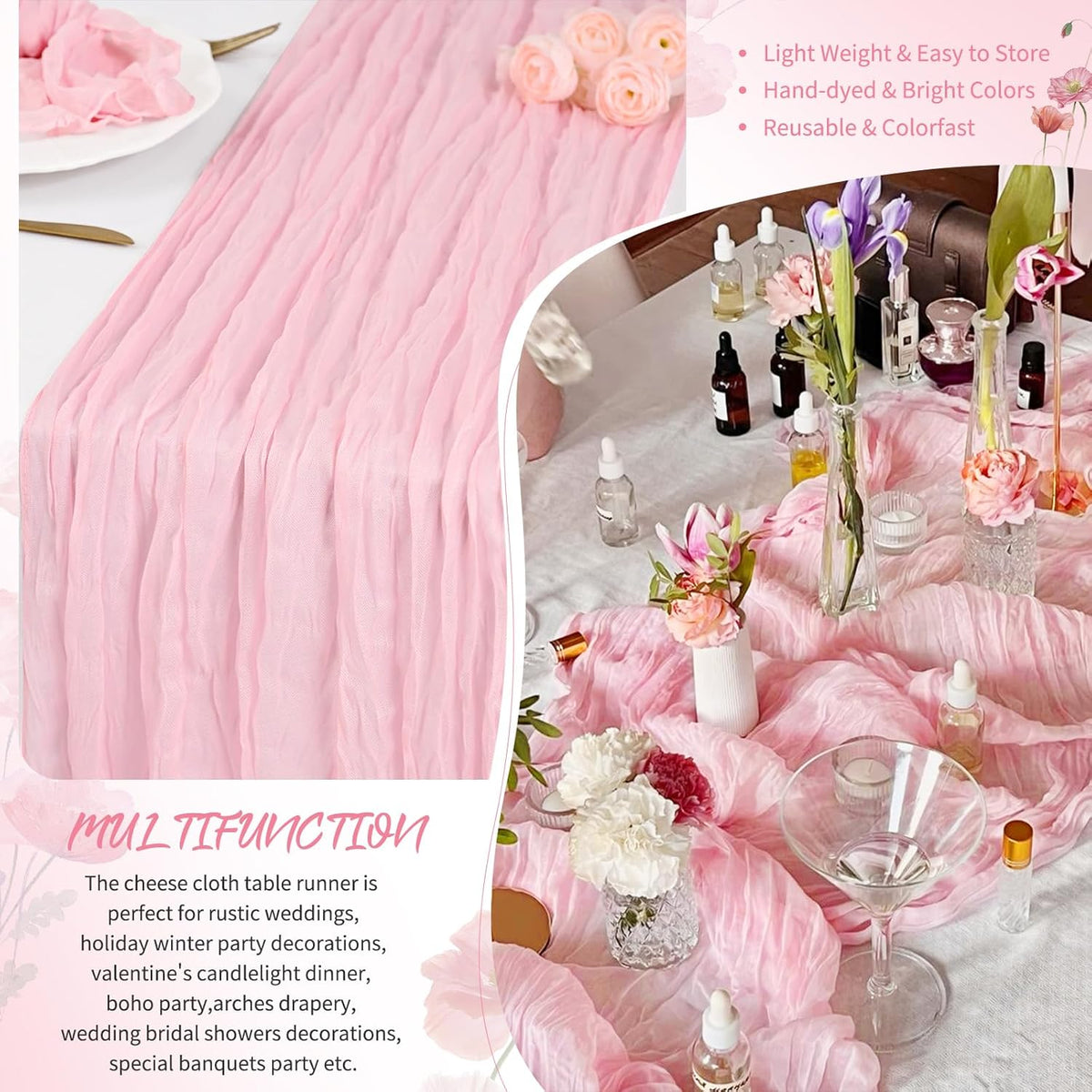 20 Pack Light Pink Cheesecloth Table Runner, 17 x 108 Inches
