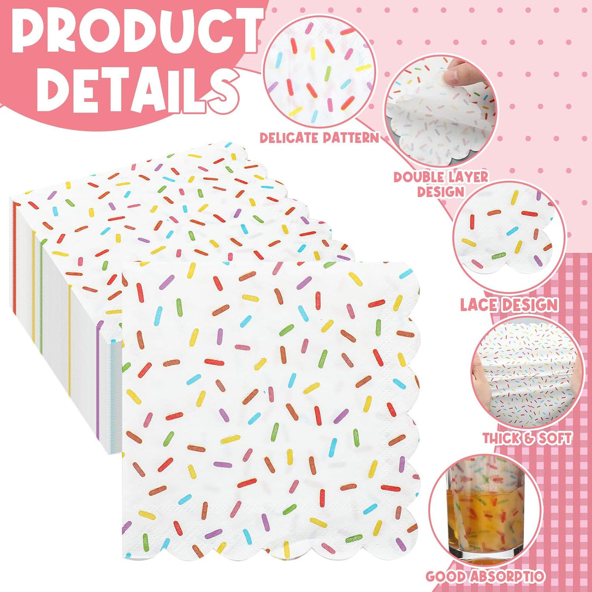 Crtiin 100 Pcs Donut Sprinkle Napkins Scalloped Ice Cream Napkins Disposable 2 Ply Donut Party Paper Cocktail for Baby Shower Birthday Wedding Party Cupcake Table Decor Supplies(White)