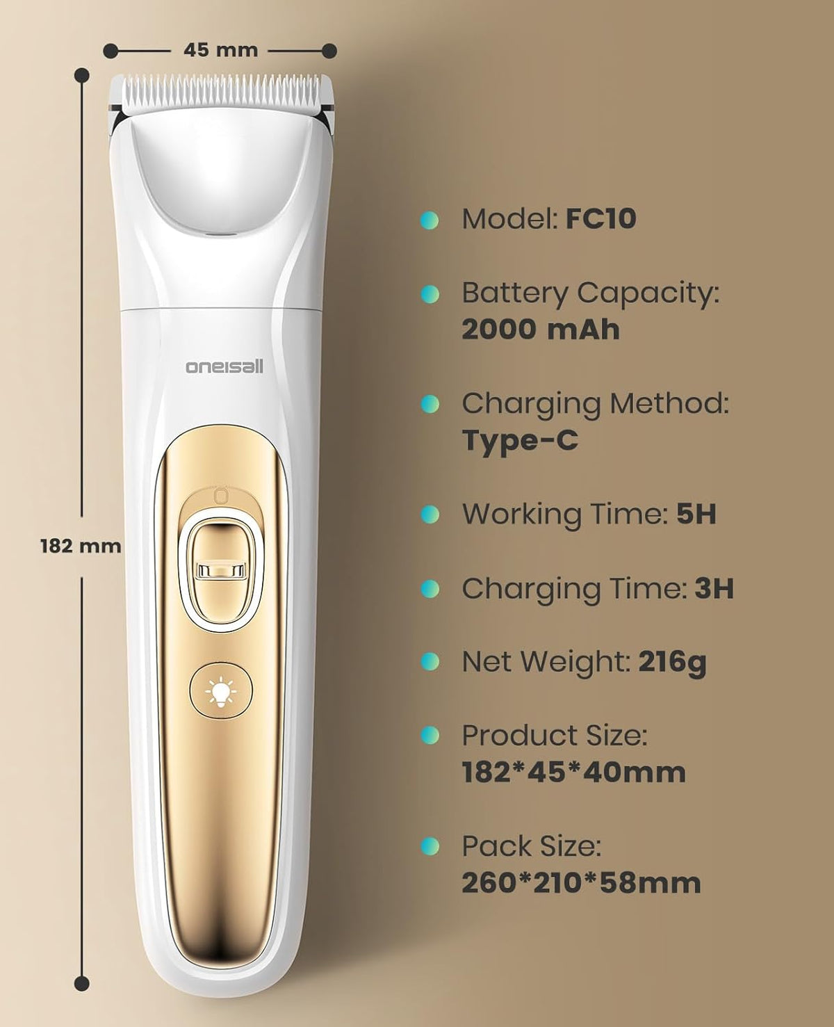 oneisall Quiet Dog Grooming Kit 4 in 1, LED Light Dog Nail Grinder, 2000mAh Pet Grooming Clippers Paw Trimmer for Paw, Nail, Face, Ears, Legs, Body with Storage Bag