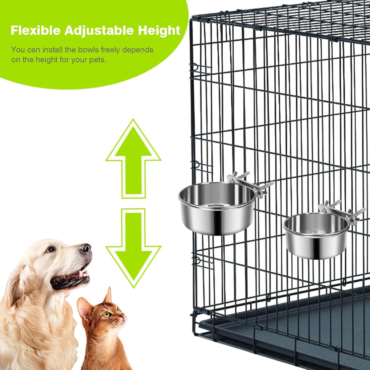 2 Pcs Small Pet Dog Food Water Bowl for Cage Stainless Steel Non-Spill Kennel Hanging Cats Pets Bowls with Clamp Holder Crate Feeder Dish for Small Dogs Pets (4.7x1.9'' & 3.9x1.7'')