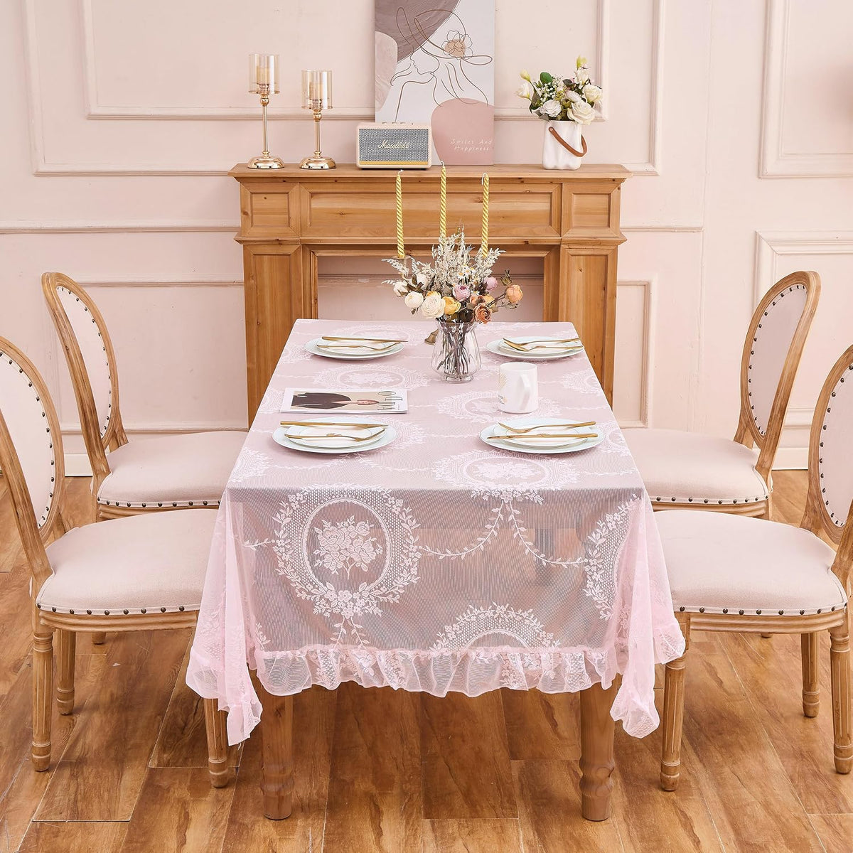 Pink Lace Tablecloth Vintage Table Cloth (Pink,55”x70”,Rectangular)