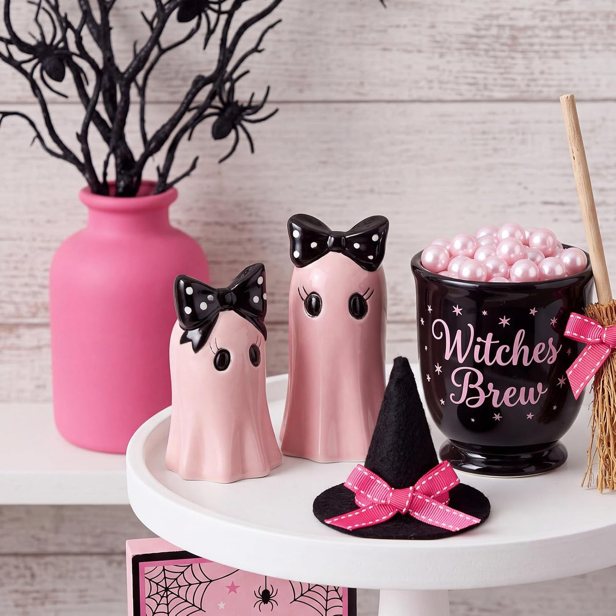 Set of 2 Halloween Ghost Figurines - Pink Ceramic Ghost Statue with Bowknot