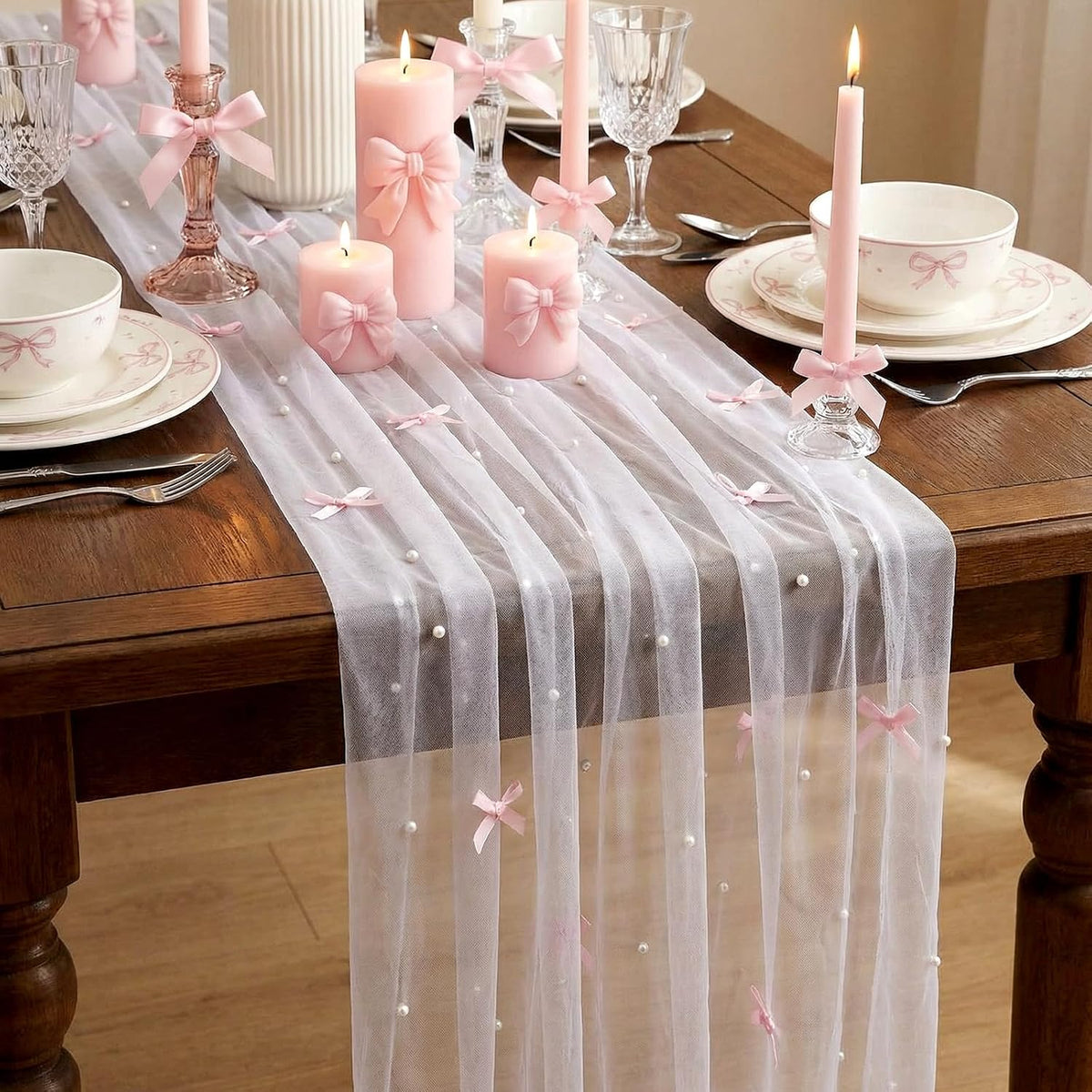 Pink Bow Table Runner 30 x 120 Inch Pearl Tulle Table Decor