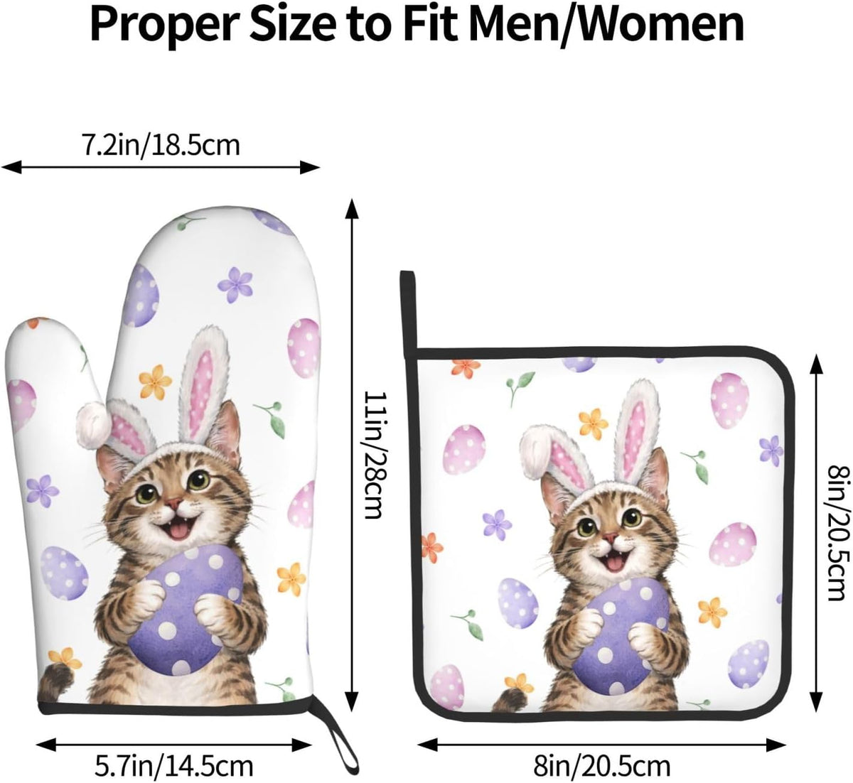 Easter Oven Mitts and Pot Holders Sets Easter Eggs Oven Mitts Heat Resistant Pink Bunny Rabbit Ears Cat Cute Kitchen Gloves Hot Pads Two Piece Set for Spring Cooking Baking Grilling BBQ