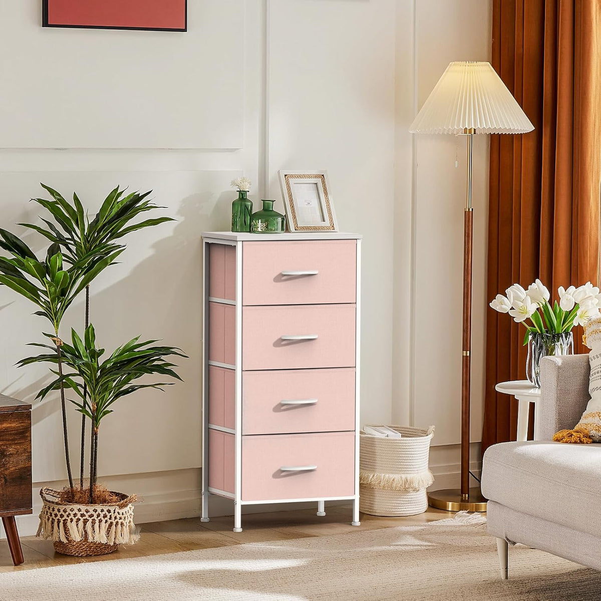 DUMOS Nightstand with 4 Drawers Bedside Table with Removable Fabric Bins Sturdy Steel Frame Wood Top Organizer Furniture for Bedroom Closet Living Room,Pink
