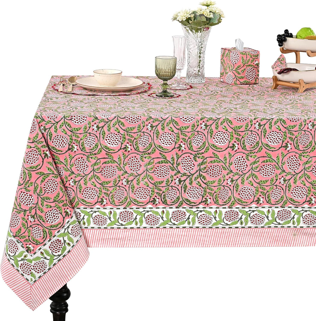 Strawberry Pink Hand Block Print Cotton Square Tablecloth 60 x 60 in
