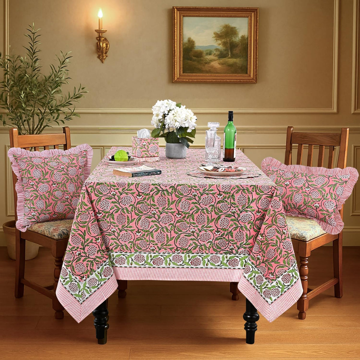 Strawberry Pink Hand Block Print Cotton Square Tablecloth 60 x 60 in