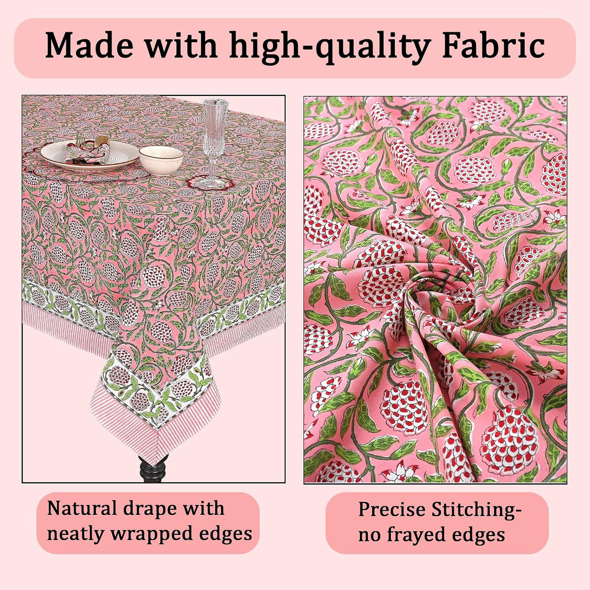 Strawberry Pink Hand Block Print Cotton Square Tablecloth 60 x 60 in