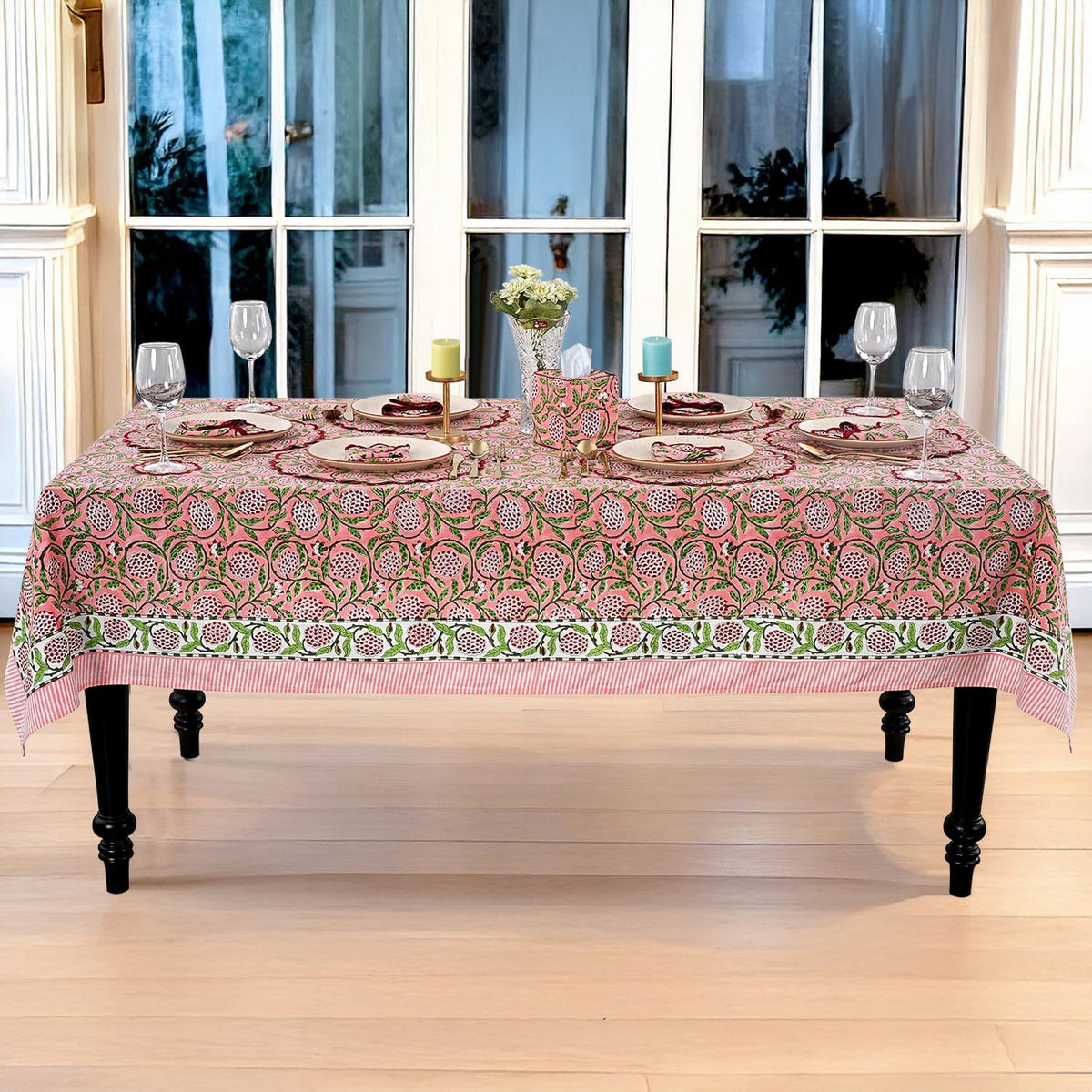 Strawberry Pink Hand Block Print Cotton Square Tablecloth 60 x 60 in