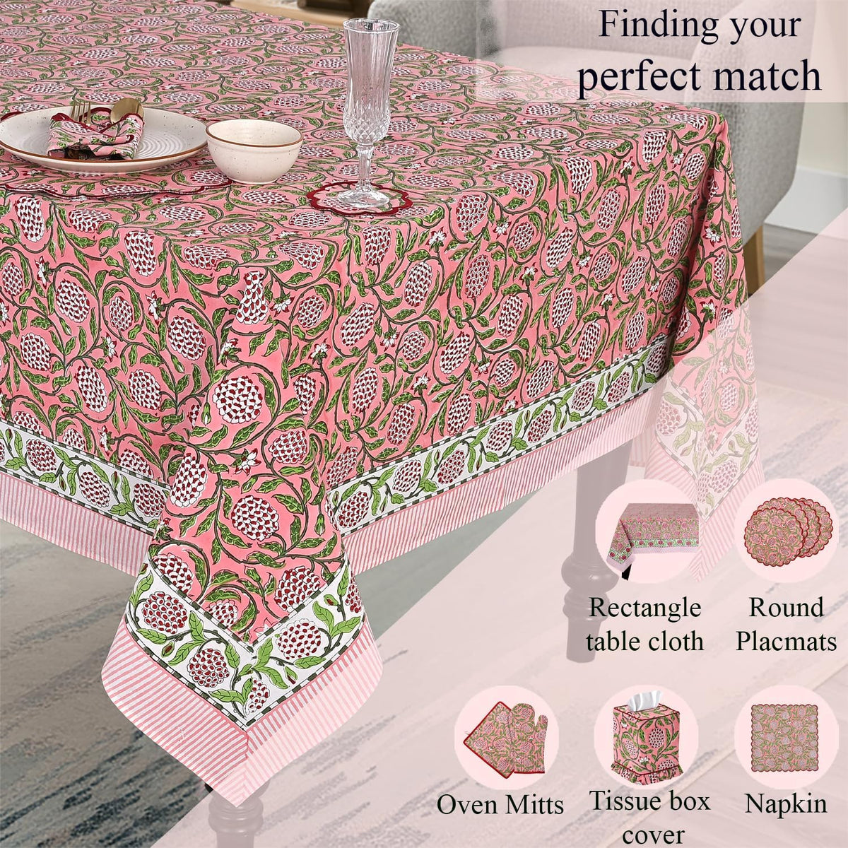 Strawberry Pink Hand Block Print Cotton Square Tablecloth 60 x 60 in