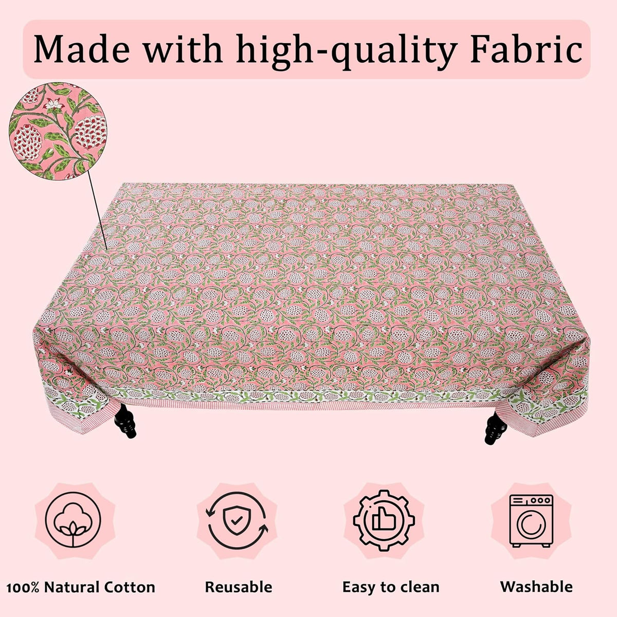 Strawberry Pink Hand Block Print Cotton Square Tablecloth 60 x 60 in