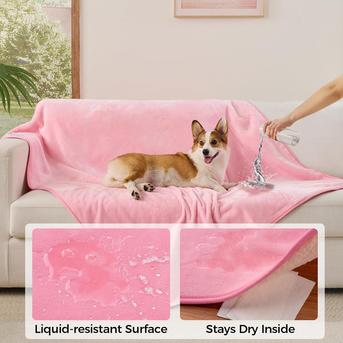 Waterproof Blanket for King Size Bed - 108"x86" Soft Reversible Sherpa Fleece Flannel Dog Blankets for Large Dogs, Pet Blanket for Bed, Couch, Soft Plush Furniture Protector, Pink