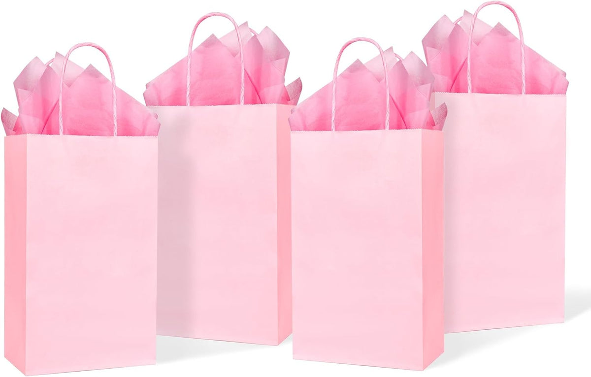 DjinnGlory 24 Pack Small Pink Paper Gift Bags with Handles 9x5.5x3.15 Inch and 24 Tissue Wrapping Paper for Business Birthday Wedding Bridal Baby Shower Party Favors Goodies