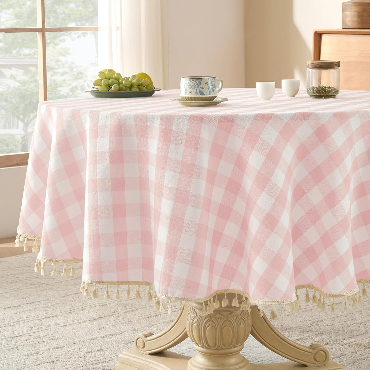 Gingham Round Tablecloth with Tassel, Pink, 70" x 70"