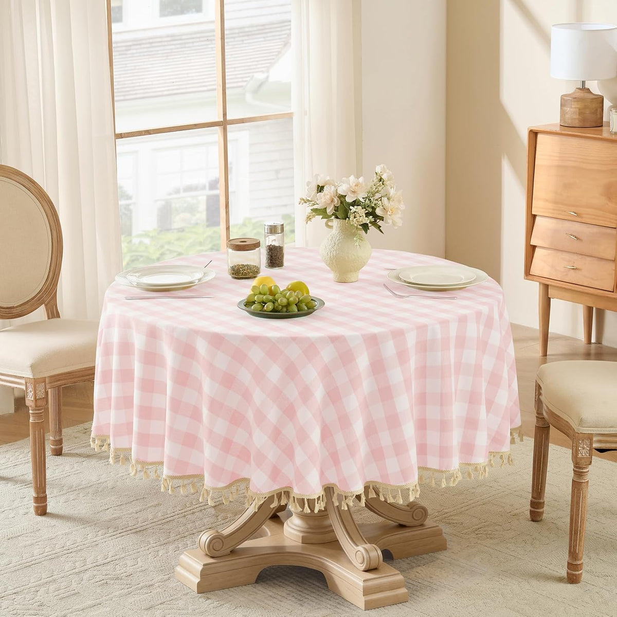 Gingham Round Tablecloth with Tassel, Pink, 70" x 70"