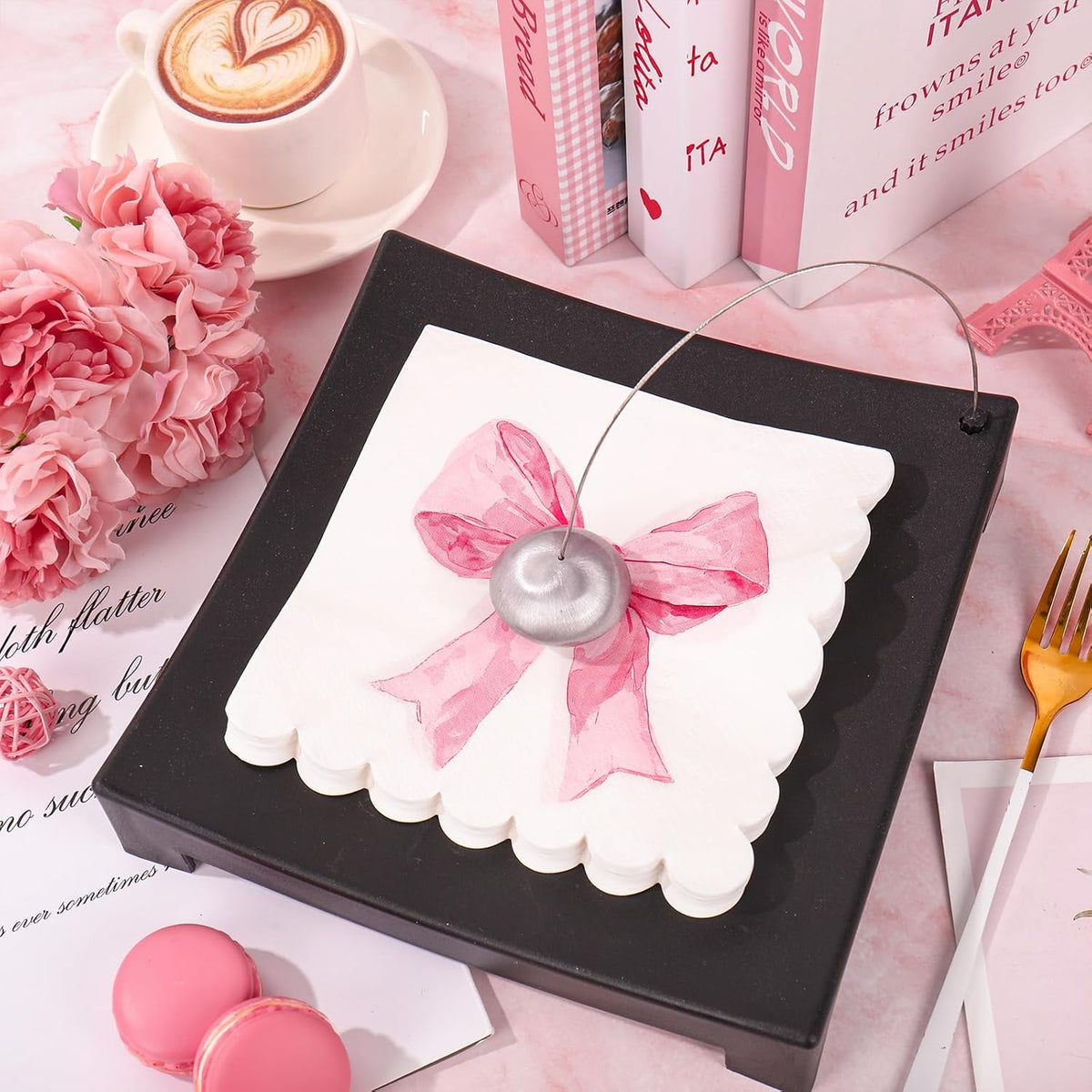 50Pcs Pink Bow Paper Napkin Coquette Bowknot Disposable Luncheon Napkins Scalloped Dessert Dinner Hand Napkin for Wedding Bridal Shower Bachelorette