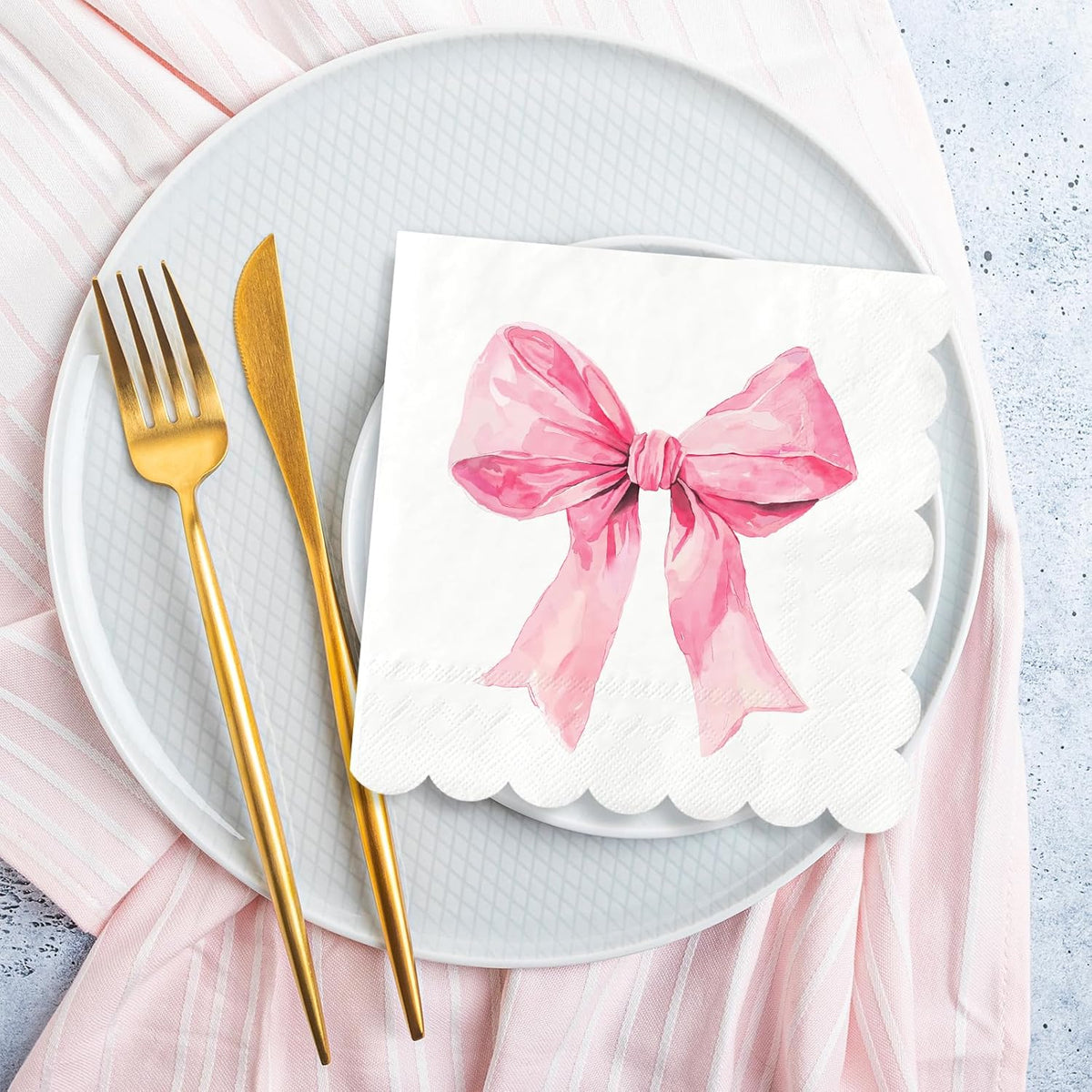 50Pcs Pink Bow Paper Napkin Coquette Bowknot Disposable Luncheon Napkins Scalloped Dessert Dinner Hand Napkin for Wedding Bridal Shower Bachelorette