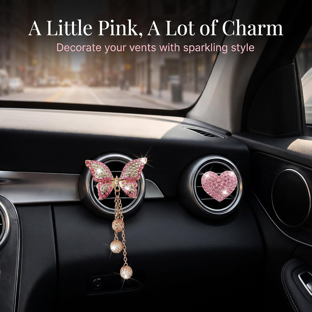 Pink Heart & Butterfly Air Vent Clips, 4 Pcs Bling Heart & Butterfly Air Fresheners Vents Clips Diamond Car Interior Decor Bling Cute Pink Car Accessories Decoration for Women + Heart Mask Hook
