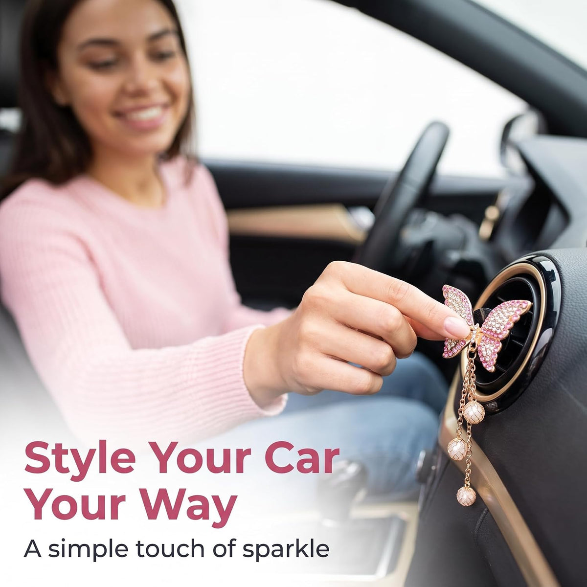 Pink Heart & Butterfly Air Vent Clips, 4 Pcs Bling Heart & Butterfly Air Fresheners Vents Clips Diamond Car Interior Decor Bling Cute Pink Car Accessories Decoration for Women + Heart Mask Hook