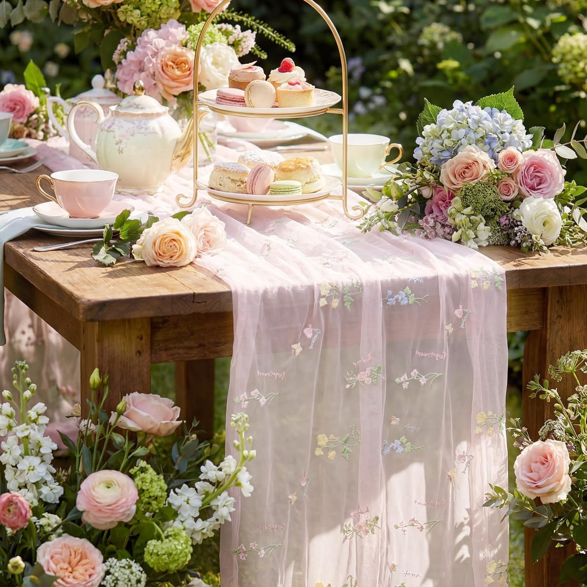 9.8 Ft Pink Floral Tulle Table Runner Embroidery Wedding Decor