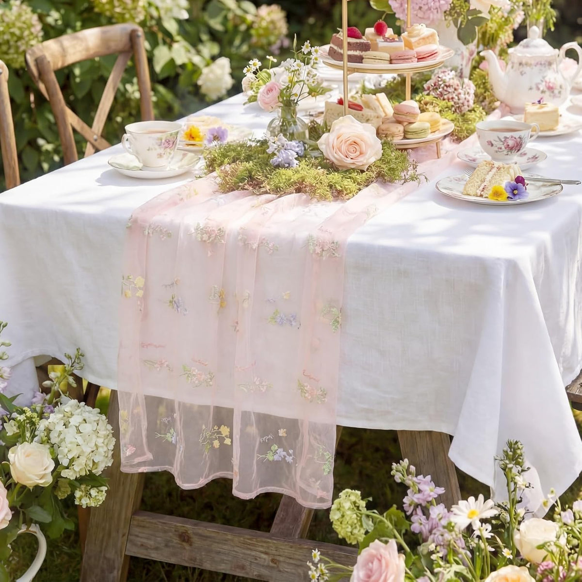 9.8 Ft Pink Floral Tulle Table Runner Embroidery Wedding Decor