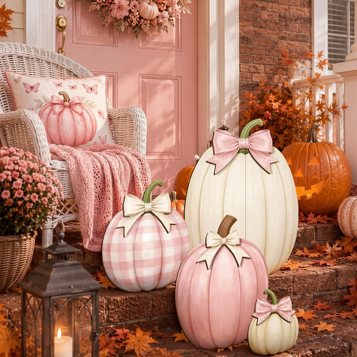 Set of 4 Fall Pink Pumpkin Front Porch Decoration with Cute Bow