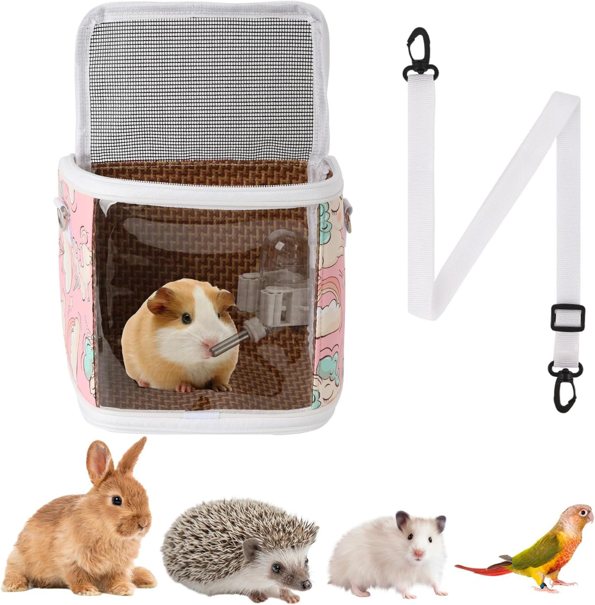Guinea Pig Carrier Bag with Water Bottle，Travel Portable Small Animal Carrier Sling Pouch, Clear Window Carrier Backpack for Hamster Bunny Gerbil Hedgehog Sugar Glider Lizard Bird.(Pink)