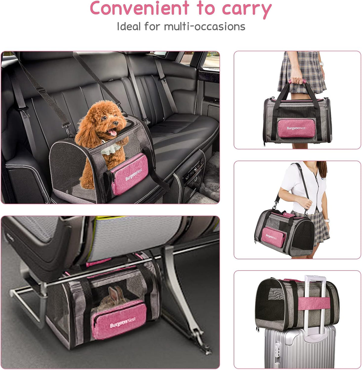 BurgeonNest Cat Carriers for Medium Puppy Under 25 lbs, Pet Carrier for Cats with Unique Side Bag,Top Load Small Pet Bag Soft-Sided Escape Proof with 4 Ventilated Windows