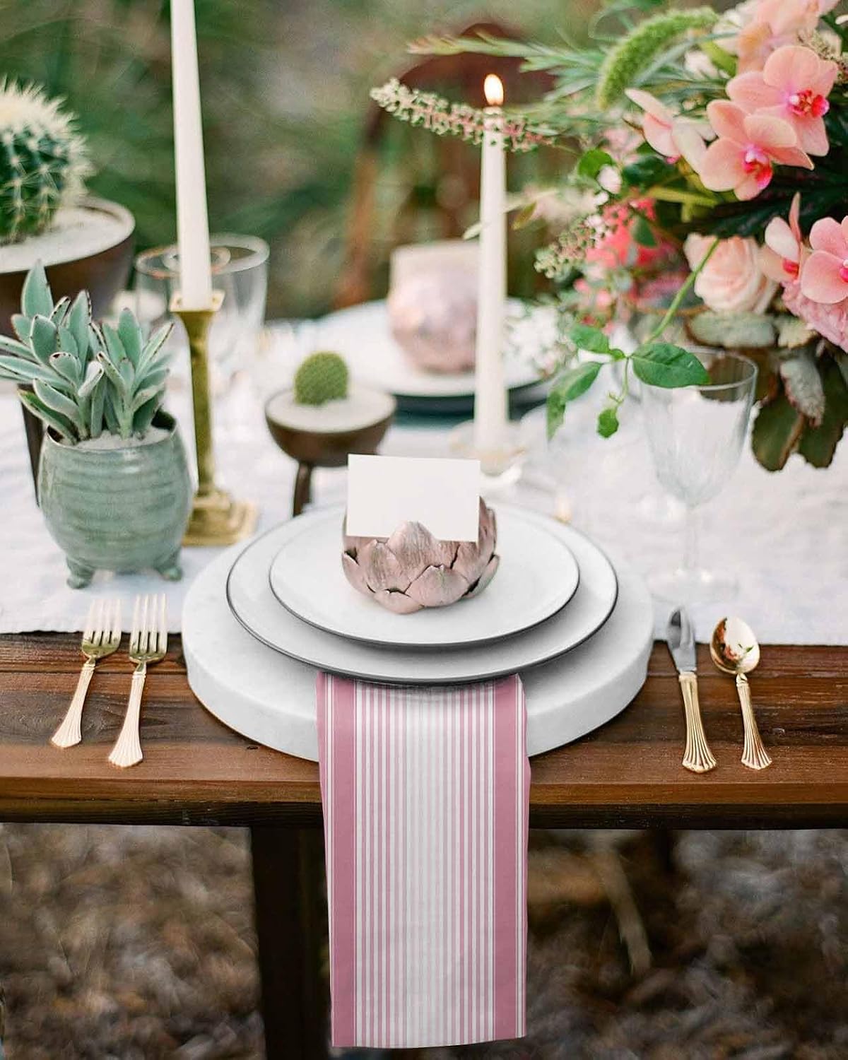 Pink Ombre Stripe Cloth Napkins, Farmhouse Simple Striped Washable and Reusable Dinner Napkins Set of 2, Table Napkin for Kitchen Party Birthday Wedding Hotel Housewarming 20''x20''