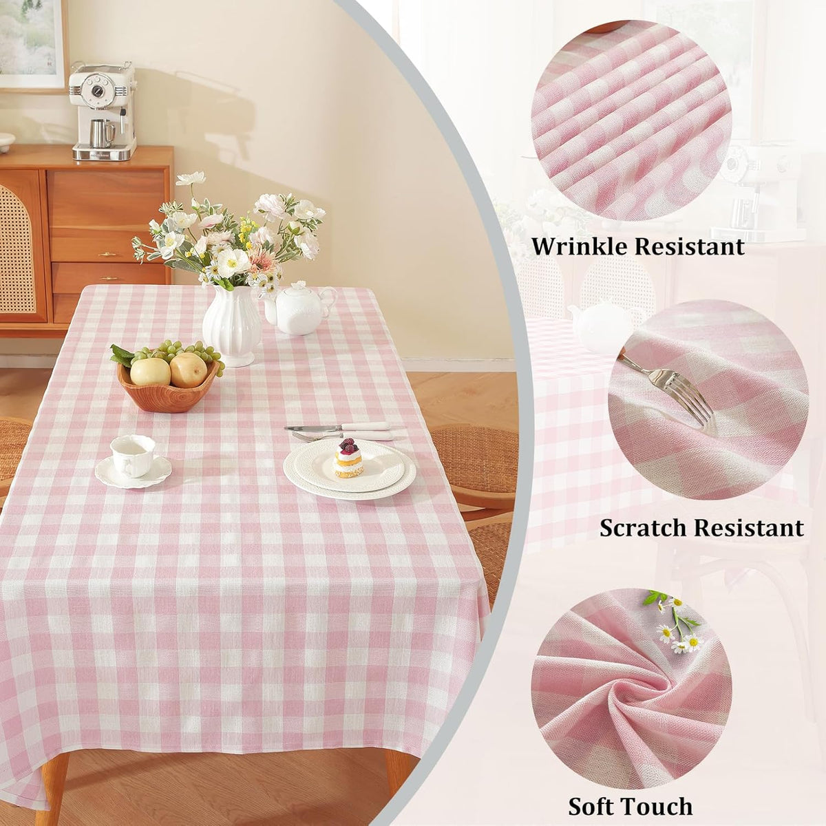 Pink Gingham Tablecloth Rectangle Checkered Table Cloth Cotton Linen Fabric Wrinkle Free Washable Buffalo Plaid Table Cover for Kitchen Dining Picnic Camping, 60 * 75 inch