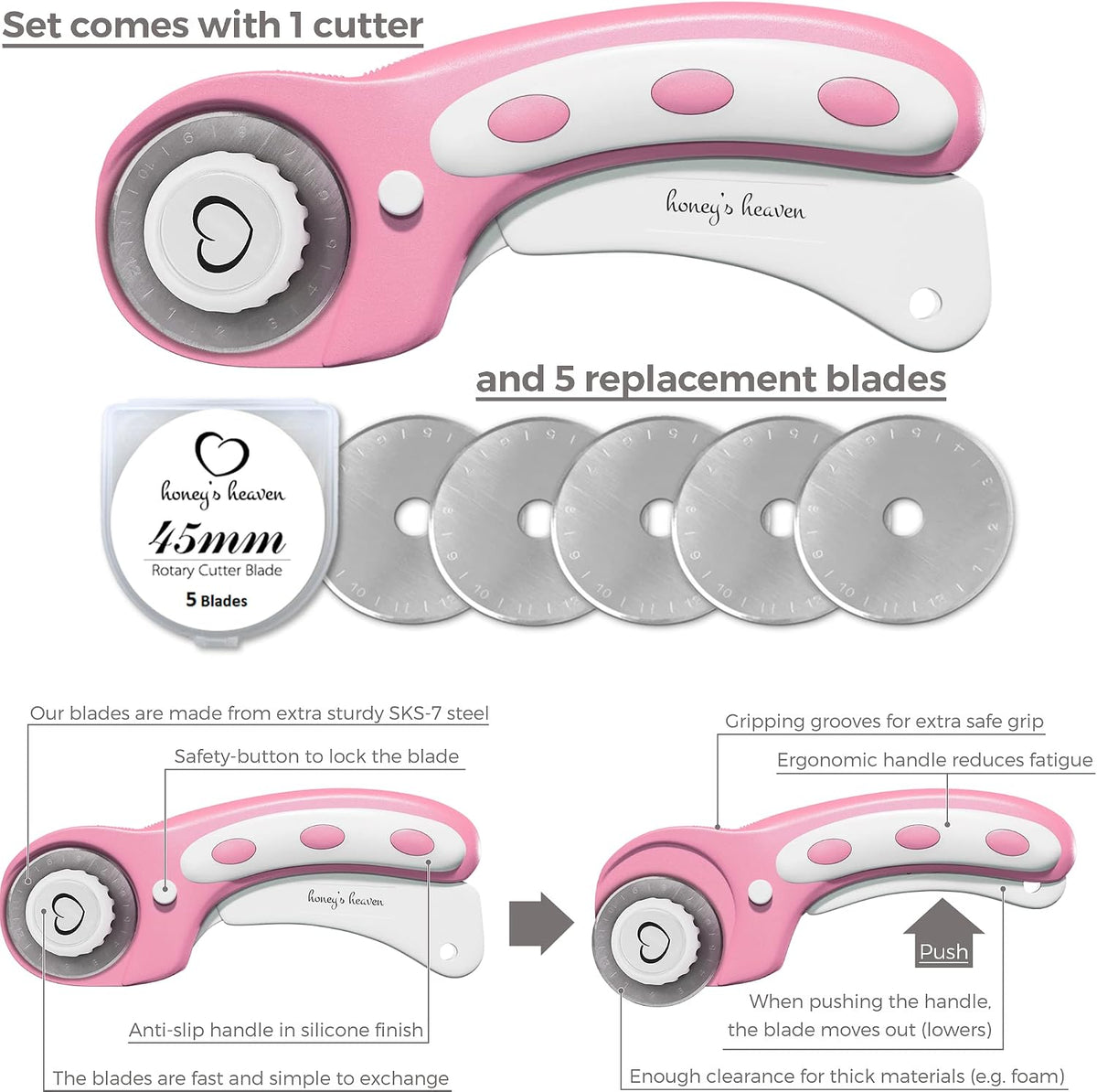 Rotary Cutter Set pink - Quilting Kit incl. 45mm Fabric Cutter, 5 Replacement Blades, A3 Cutting Mat, Acrylic Ruler and Craft Clips - Ideal for Crafting, Sewing, Patchworking, Crochet & Knitting y