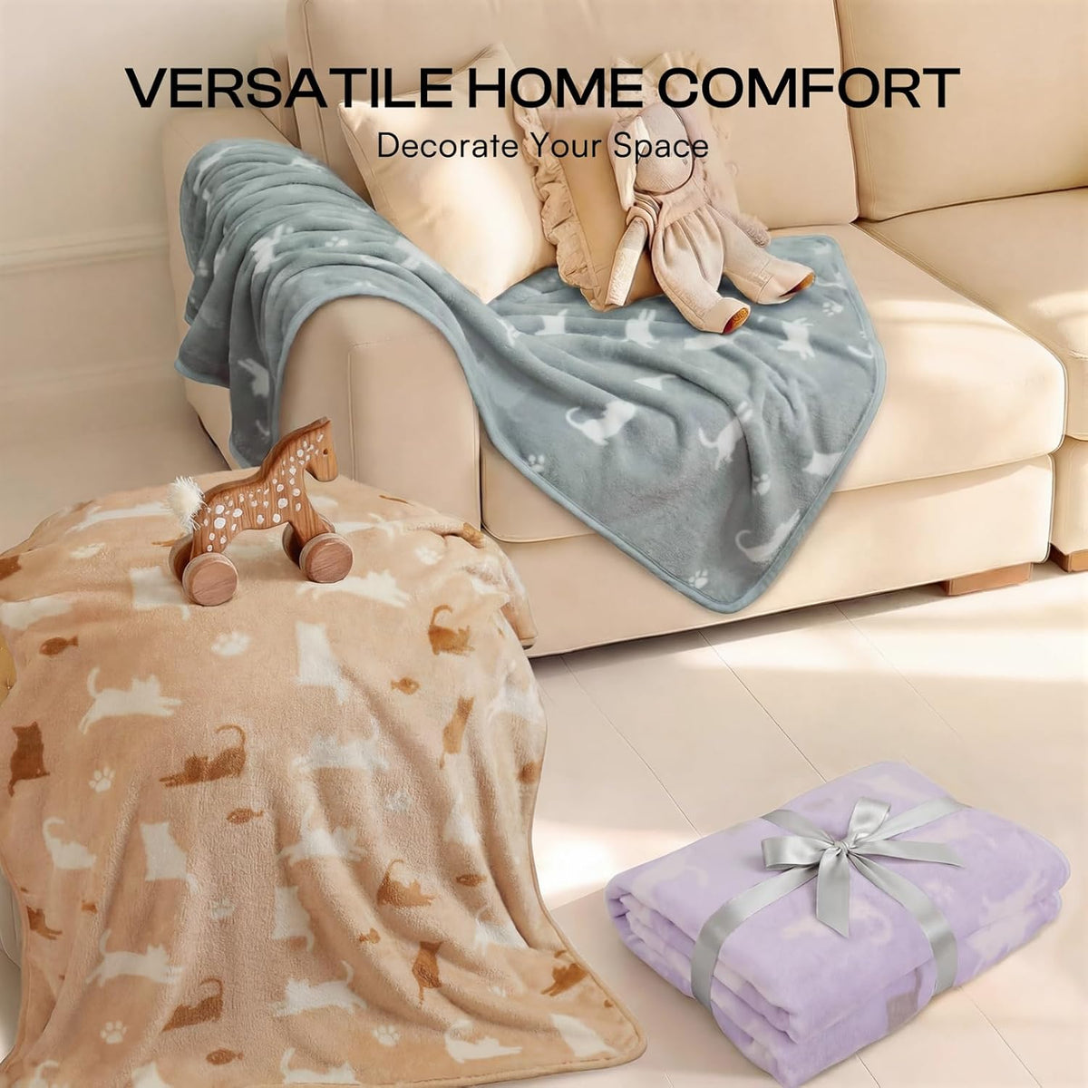 Luciphia 3 Pack Cat Blankets, Soft Fluffy Fleece Blanket with Cute Cat Print, Cozy Small Pet Throw Blanket for Cat Bed Carrier Couch Travel, Machine Washable, Purple/Grey/Khaki,23x16