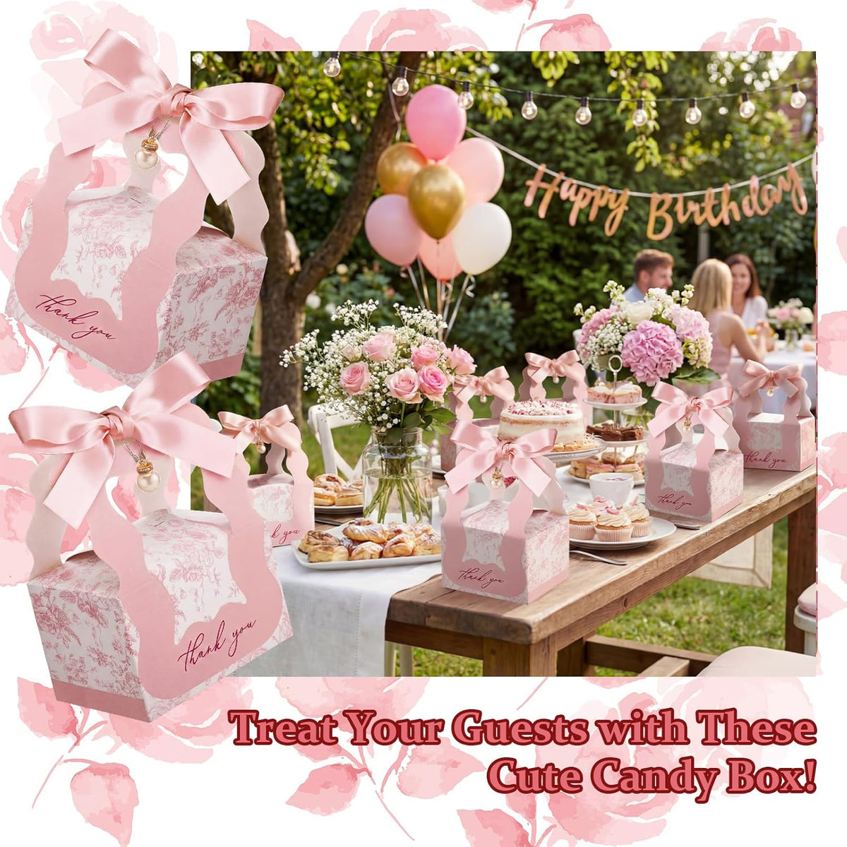 ForraFun 100 Sets Floral Wedding Favor Boxes with Pearl Pendant Bow Ribbon Floral Wedding Party Candy Boxes Bridal Gift for Guests Bridal Shower Birthday Party Anniversary Supplies (Pink)