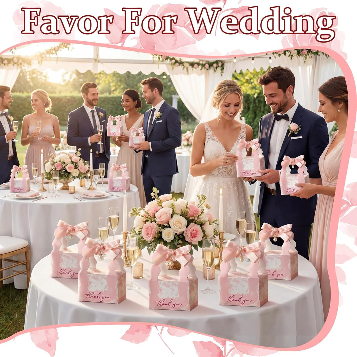 ForraFun 100 Sets Floral Wedding Favor Boxes with Pearl Pendant Bow Ribbon Floral Wedding Party Candy Boxes Bridal Gift for Guests Bridal Shower Birthday Party Anniversary Supplies (Pink)