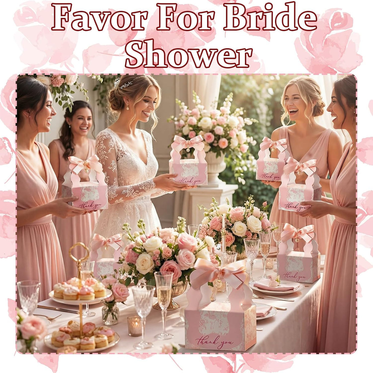 ForraFun 100 Sets Floral Wedding Favor Boxes with Pearl Pendant Bow Ribbon Floral Wedding Party Candy Boxes Bridal Gift for Guests Bridal Shower Birthday Party Anniversary Supplies (Pink)